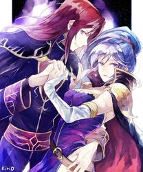  1boy bad_id bad_twitter_id breasts cape cleavage couple dress earrings elbow_gloves female fire_emblem fire_emblem:_genealogy_of_the_holy_war fire_emblem_heroes gloves grey_hair ishtar_(fire_emblem) jewelry julius_(fire_emblem) long_hair looking_at_viewer okii ponytail purple_eyes red_eyes red_hair side_ponytail smile straight 