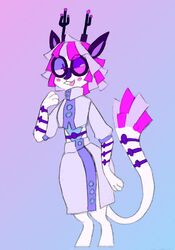  antennae_(anatomy) blush bovid caprine clothed clothing eyewear felid female floraverse glasses goat hi_res hybrid mammal neon_(floraverse) pantherine scrapgoat simple_background solo standing tiger trans_(lore) trans_woman_(lore) turf_tiger twee-lil-lass 