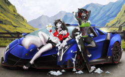  4_toes alternative_fashion anklet anthro black_hair black_nose blue_eyes breasts canid canine canis car car_wash claws clothed clothing day detailed_background digital_media_(artwork) digitigrade duo etskuni feet female fuckie fur grey_body grey_fur hair jacki_northstar jewelry lamborghini lamborghini_veneno luca_(nouyorus) mammal midriff multicolored_hair navel on_hood outside red_eyes red_hair sky smile toe_claws toes two_tone_hair vehicle white_body white_fur wolf wristband 