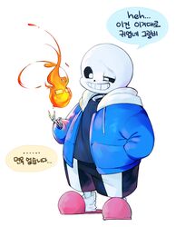  full_body grillby jacket korean multiple_boys sandals sans simple_background smile standing translation_request undertale white_background yamtteng 