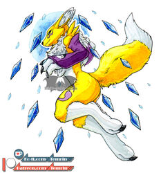  2018 ambiguous_gender anthro ass bandai_namco canid canine claws diamond_(disambiguation) digimon digimon_(species) female fluffy fur looking_at_viewer magic magic_user mammal painting_(artwork) pinup pose purple_body purple_fur renamon simple_background smile solo standing temrin traditional_media_(artwork) watercolor_(artwork) white_body white_fur yellow_body yellow_fur 