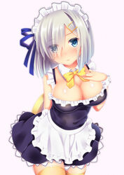  alternate_costume apron bare_shoulders blue_dress blue_eyes blush bow breasts choker cleavage colored_eyelashes commentary_request dress duplicate enmaided eyes_visible_through_hair female frills hair_ornament hair_over_one_eye hairclip hamakaze_(kancolle) hand_on_own_chest highres holding holding_tray kantai_collection large_breasts lips looking_at_viewer maid maid_apron maid_headdress md5_mismatch off_shoulder pixel-perfect_duplicate short_dress short_hair solo suzumia_(daydream) thighhighs tray yellow_thighhighs zettai_ryouiki 