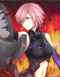  armor bad_id bad_pixiv_id banned_artist bare_shoulders black_armor commentary_request crying crying_with_eyes_open elbow_gloves fate/grand_order fate_(series) gloves hair_over_one_eye lavender_hair mash_kyrielight navel orii_(orii_i) purple_eyes rain shield short_hair solo tears twitter_username upper_body 