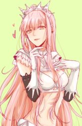  bangs banned_artist blunt_bangs breasts cleavage commentary_request elbow_gloves fate/grand_order fate_(series) gloves heart index_finger_raised long_hair looking_at_viewer medb_(fate)_(all) medb_(fate/grand_order) medium_breasts midriff navel orii_(orii_i) pink_hair sidelocks smile solo tiara upper_body very_long_hair white_gloves yellow_eyes 