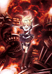  black_gloves black_ribbon black_serafuku black_shirt black_skirt black_socks blonde_hair commentary_request female floating_hair full_body gloves hair_ribbon highres kantai_collection kneehighs leg_up long_hair miniskirt necktie open_mouth outstretched_arms photoshop_(medium) pleated_skirt red_eyes red_necktie ribbon scarf school_uniform serafuku shirt short_sleeves skirt socks solo standing standing_on_one_leg very_long_hair white_scarf yonasawa yuudachi_(kancolle) yuudachi_kai_ni_(kancolle) 