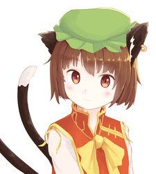  animal_ears blush brown_eyes brown_hair cat_ears cat_tail chen closed_mouth commentary_request earrings female hat jewelry long_sleeves mob_cap multiple_tails sebastian_(artist) shirt simple_background single_earring smile solo tail touhou turtleneck upper_body vest white_background 