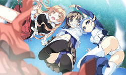  3girls belt blue_hair blush bodysuit breasts brown_eyes brown_hair closed_eyes commentary_request falling fin_e_ld_si_laffinty flower from_above grin hair_flower hair_ornament kanzaki_karuna kyouno_madoka large_breasts long_hair looking_at_viewer medium_breasts muginami multiple_girls one-piece_swimsuit open_mouth orange_hair photoshop_(medium) purple_eyes rinne_no_lagrange school_swimsuit short_hair skirt smile swimsuit swimsuit_under_clothes thighhighs 