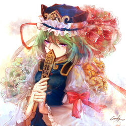  arm_ribbon bad_id bad_pixiv_id blue_dress covering_own_mouth dress female flower green_hair guan_tang_baozi hat hat_ribbon juliet_sleeves long_sleeves pink_eyes puffy_sleeves ribbon rod_of_remorse shiki_eiki shirt solo touhou 