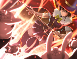  black_hair black_thighhighs breasts cape commentary_request female fire hat kagari_ayaka large_breasts long_hair photoshop_(medium) pleated_skirt school_uniform siraha skirt solo thighhighs wand witch witch_craft_works witch_hat yellow_eyes zettai_ryouiki 