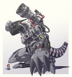  blue_eyes cable cannon claws commentary_request cross_section digimon digimon_(creature) hat highres mecha monster mugendramon no_humans photoshop_(medium) red_eyes robot sasasi sharp_teeth sirenmon size_difference tail talons teeth wire 