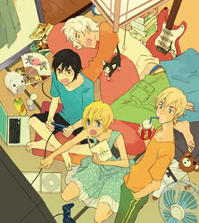  3boys black_hair blonde_hair blue_eyes book commentary_request computer controller drinking electric_fan electric_guitar eury_evans feline female game_controller glasses guitar hand_fan instrument joystick kiki_(meteor_methuselah) laptop machika_balfaltin meteor_methuselah multiple_boys open_mouth ozaki_kaori photoshop_(medium) playing_games pointing rain_jewlitt red_eyes short_hair stuffed_animal stuffed_toy teddy_bear whammy_bar white_hair yuca_collabel 