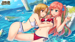  2girls anya_(the_ballad_of_the_officer) aqua_eyes bikini blue_sky blush breasts brown_eyes brown_hair commentary_request cyrillic day dutch_angle eye_contact frilled_bikini frills green_eyes groping hair_ornament hair_ribbon hairclip hand_under_clothes highres horizon logo long_hair looking_at_another lying medium_breasts moss multiple_girls nadya_(the_ballad_of_the_officer) navel nose_blush on_back on_side open_mouth outdoors partially_submerged pink_hair red_bikini ribbon rock ruins russian_text short_hair side-tie_bikini_bottom side_ponytail sky smile swimsuit the_ballad_of_the_officer underboob very_long_hair water wavy_mouth wet white_bikini wolksheep yuri 