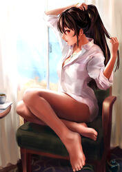  absurdres adjusting_hair arm_up armchair artist_name backlighting bad_id bad_pixiv_id bare_legs barefoot breast_pocket breasts brown_hair buttons carpet chair cleavage coffee collared_shirt cross cross_necklace cup curtains dated day dress_shirt erjian feet_on_chair female full_body hair_between_eyes hand_up hands_in_hair highres indoors jewelry legs long_hair looking_at_viewer medium_breasts necklace open_mouth original photoshop_(medium) plantar_flexion pocket ponytail profile red_eyes shirt sidelocks sideways_glance signature sitting sleeves_rolled_up solo table teacup teeth toes tying_hair white_shirt window wing_collar yokozuwari 