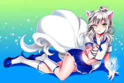  animal_ears blade_&amp;_soul commentary_request crystal female green_eyes grey_hair kneehighs long_hair lying lyn_(blade_&amp;_soul) magic midriff navel on_side one_eye_closed ponytail school_uniform serafuku shoes skaky skirt smile socks solo tail wolf_ears 