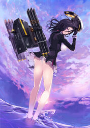  arm_up black_gloves black_hair breasts cloud cloudy_sky commentary_request female gloves hair_intakes halo hat highres kantai_collection large_breasts long_sleeves looking_at_viewer machinery mechanical_halo ocean panties peaked_cap purple_eyes ribbon sky smile solo sora-bozu standing sun tatsuta_(kancolle) underwear wading water white_panties 