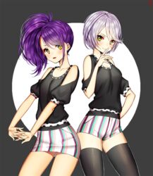  2girls :d bad_id bad_pixiv_id beads belt black_background black_legwear black_shirt blouse blush breasts closed_mouth clothing_cutout collarbone contrapposto cowboy_shot earrings eyebrows eyelashes finger_to_mouth gambe green_eyes grey_hair hair_between_eyes hand_on_own_hip interlocked_fingers jewelry long_hair looking_at_viewer matching_outfits miniskirt multiple_girls open_mouth own_hands_together polka_dot pretty_series pripara puffy_short_sleeves puffy_sleeves purple_hair shade shikyoin_hibiki shirt short_hair short_shorts short_sleeves shorts shoulder_cutout side_ponytail sidelocks skirt small_breasts smile standing stud_earrings swept_bangs thighhighs toudou_shion yellow_eyes 