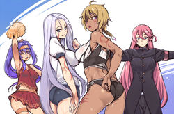  4girls adjusting_buruma adjusting_clothes akinaie arm_tattoo arm_up armband ass back black_coat black_pants blonde_hair blue_buruma blue_eyes braid breasts buruma cheering cheerleader closed_mouth coat commentary_request dark-skinned_female dark_skin expressionless facial_tattoo gakuran grey_hair hair_between_eyes headband large_breasts leg_tattoo long_coat long_hair looking_at_viewer looking_back medium_breasts megido72 midriff miniskirt multiple_girls murmur_(megido72) navel one_eye_closed open_mouth ose_(megido72) ouendan pants pink_hair pleated_skirt pom_pom_(cheerleading) puffy_short_sleeves puffy_sleeves purple_eyes purple_hair red_shirt red_skirt school_uniform shirt short_sleeves side_braid skirt sleeveless sleeveless_shirt smile sports_bikini sweat t-pose tattoo thigh_strap track_and_field valefor_(megido72) very_long_hair vual_(megido72) white_shirt yellow_headband 