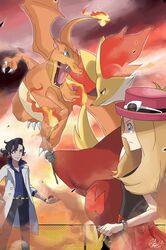  battle charizard delphox fire highres nintendo platane_(pokemon) pokemon pokemon_(game) pokemon_xy serena_(pokemon) 