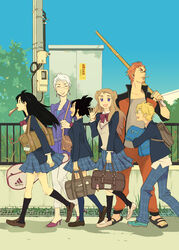  2boys 4girls ayla_ulfan bag black_hair blonde_hair brown_hair character_request commentary_request dora_folk facial_hair freya_gaudry glasses jileena_lacot long_hair meteor_methuselah multiple_boys multiple_girls orange_hair ozaki_kaori photoshop_(medium) school_uniform sharem_cordelan shinai short_hair smile stubble sword weapon white_hair 