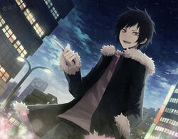  1boy angel31424 black_hair building commentary_request durarara!! dutch_angle fur_trim jacket knife lamppost looking_at_viewer male_focus night night_sky open_clothes open_jacket orihara_izaya outdoors photoshop_(medium) red_eyes shirt short_hair sky smile solo 