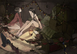  2girls attic bad_id bad_pixiv_id black_hair box braid cardboard_box christmas commentary gift lantern multiple_girls nekosuke_(oxo) original ornament stuffed_animal stuffed_toy teddy_bear toy 