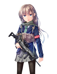  absurdres ammunition_pouch arm_at_side armband assault_rifle bad_id bad_pixiv_id black_pantyhose blazer blue_eyes blue_jacket blue_sweater brown_hair chest_rig collared_shirt cz_805_bren dreadtie female flip-up_sight folding_stock foregrip green_necktie green_scarf grey_skirt gun gun_sling highres jacket lapels laser_sight layered_clothes long_hair long_sleeves looking_at_viewer necktie notched_lapels open_mouth optical_sight original pantyhose pleated_skirt pouch red_armband rifle safety_pin sanpaku scarf school_uniform seta_haruka shirt simple_background skirt solo sweater trigger_discipline vertical_foregrip weapon white_background white_shirt 