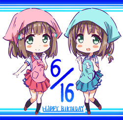  2girls abe_kanari apron bandana black_legwear blue_apron blue_bandana blue_skirt blush_stickers brown_hair chibi commentary_request dated full_body green_eyes hair_ornament hairclip happy_birthday high_school_fleet kinesaki_akane kinesaki_homare multiple_girls photoshop_(medium) pink_apron pink_bandana pleated_skirt sailor_collar school_uniform serafuku short_hair short_sleeves siblings sisters skirt twins white_sailor_collar yokosuka_girls_marine_high_school_uniform 