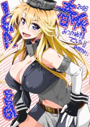  :d blonde_hair blue_eyes breasts cleavage commentary_request elbow_gloves female fingerless_gloves gloves huge_breasts iowa_(kancolle) kantai_collection long_hair miniskirt open_mouth skirt smile solo star-shaped_pupils star_(symbol) symbol-shaped_pupils thighhighs translation_request yamaguchi_homupe 