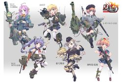  6+girls aavp-7a1 ahoge ankle_boots assault_rifle autocannon bandaid belt beret bike_shorts bird black_footwear black_hat black_jacket black_legwear black_shorts black_skirt blonde_hair blue_eyes blue_skirt bofors_40_mm_gun boots bow brown_footwear brown_hair browning_m2 bullet cannon character_request closed_mouth commentary_request copyright_name covered_navel cross-laced_footwear dress dress_shirt elbow_gloves emblem garrison_cap gloves green_eyes grenade_launcher grey_jacket grey_shirt gun hair_ornament handgun hat headphones heavy_machine_gun highres holding holding_weapon howa_type_89 jacket leg_up leopard_1 light_smile loafers long_hair long_sleeves looking_at_viewer m110_(howitzer) m1911 m19_multiple_gun_motor_carriage m1_carbine machine_gun mao_(6r) mecha_musume mg42 midriff military military_jacket military_vehicle miniskirt mk19_grenade_launcher motor_vehicle multiple_girls multishot_rocket_launcher oerba_yun_fang official_art open_mouth pantyhose panzer_iii pencil_skirt pink_gloves pleated_skirt purple_eyes purple_hair rick_g_earth rifle rigging rocket_launcher sailor_collar scrunchie shirt shoes short_dress short_hair short_ponytail short_shorts short_sleeves shorts skirt sleeveless sleeveless_shirt smile standing tank thighhighs throat_microphone twintails walther walther_p38 weapon white_gloves white_legwear white_shirt white_shorts 