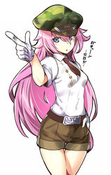  :o akinaie belial_(megido72) belt belt_buckle blue_eyes brown_shorts buckle commentary_request covered_navel cowboy_shot female hair_between_eyes hand_on_own_hip hat long_hair looking_at_viewer megido72 necktie peaked_cap pink_hair pointing pointing_at_viewer shirt short_shorts short_sleeves shorts simple_background solo very_long_hair white_background white_shirt 