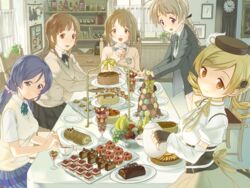  5girls :d amagami apple_pie aqua_eyes badge banana basket beret black_bow black_bowtie black_gloves black_hat black_ribbon blazer blonde_hair blue_bow blue_bowtie blue_eyes blue_hair blue_skirt blush bottle bouquet bow bowtie braid breasts brown_eyes brown_hair cake cake_slice chair cherry chocolate chocolate_cake clock closed_mouth cocktail_glass coffee_grinder collared_shirt commentary_request corset crossover cup curtains dessert detached_sleeves dragon_fruit drawer dress_shirt drill_hair drinking_glass envelope eyebrows eyelashes fingerless_gloves flower food food_request fruit fur_trim gloves grandfather_clock grapes grass green_bow green_necktie grey_hair hair_flower hair_ornament hair_ribbon hair_scrunchie hat head_tilt head_wreath herb_bundle highres holding holding_cup holding_spoon idolmaster idolmaster_cinderella_girls indoors jacket jam jar juice kibito_high_school_uniform kitchen kiwi_(fruit) large_breasts letter long_sleeves love_live! love_live!_school_idol_project low_twintails lynette_bishop macaron macaron_tower mahou_shoujo_madoka_magica mahou_shoujo_madoka_magica_(anime) mangosteen melon mimura_kanako miniskirt multiple_crossover multiple_girls necktie no_pants note nut_(food) open_mouth otonokizaka_school_uniform paper parfait pasta pastry photo_(object) picture_frame pie pink_scrunchie plaid plaid_skirt plant plate pleated_skirt potted_plant purple_eyes ramekin red_eyes ribbon sakurai_rihoko saucer school_uniform scrunchie serving shirt short_hair short_sleeves single_braid sitting skirt smile spaghetti spoon strawberry strawberry_cake strike_witches sweater sweater_vest sweets swept_bangs swiss_roll table tea tea_party teacup teapot tiered_tray tojo_nozomi tomiwo tomoe_mami tomoe_mami_(magical_girl) tray twin_drills twintails watermelon white_shirt window world_witches_series wreath yellow_bow yellow_eyes yellow_ribbon yellow_skirt 