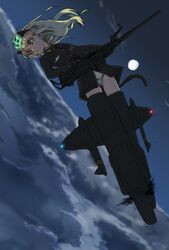  animal_ears black_gloves blonde_hair cat_ears cat_girl cat_tail cloud cloudy_sky commentary_request female flying full_moon gloves green_eyes gun heinrike_prinzessin_zu_sayn-wittgenstein highres hirschgeweih_antennas holding holding_gun holding_weapon long_hair long_sleeves makaze_(t-junction) mg_151_cannon military military_uniform moon navel night night_sky noble_witches panties sky solo star_(sky) striker_unit tail underwear uniform weapon white_panties world_witches_series 