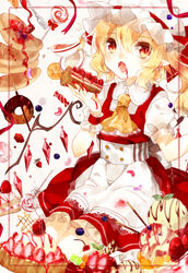  apron ascot black_tea blonde_hair blueberry bonnet cake candy cherry chocolate chocolate_syrup commentary_request cranberry cup doughnut dripping earrings eating fangs female flandre_scarlet food fork fruit fruit_tart hat ice_cream jelly_bean jewelry lollipop macaron mokyuko open_mouth orange_(fruit) pancake pocky red_eyes saucer short_hair solo strawberry strawberry_shortcake strawberry_syrup strawberry_tart sweets swirl_lollipop tart_(food) tea teacup touhou wafer_stick wings wrist_cuffs 