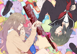  &gt;_&lt; 2girls :d bad_id bad_pixiv_id black_hair blood blood_on_face blood_on_weapon brown_hair cardigan cellphone closed_eyes highres japanese_saw kosagi_midori loafers long_hair lying multiple_girls on_back on_side open_mouth original phone purple_eyes saw school_uniform serafuku shoes smile stuffed_animal stuffed_cat stuffed_fish stuffed_squirrel stuffed_toy unworn_shoes weapon 