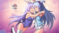  3girls ^_^ animal_ears bare_shoulders barefoot bikini bikini_top_only blue_hair breasts cleavage closed_eyes covered_navel cube detached_collar dress erina_(rabi-ribi) fairy fairy_wings game_cg hair_bobbles hair_ornament highres hug leg_lift leotard long_hair mini_person minigirl miniskirt multiple_girls noah_(rabi_ribi) official_art open_mouth pink_eyes pink_hair playboy_bunny pointy_ears purple_hair purple_leotard rabbit_ears rabbit_tail rabi-ribi ribbon_(rabi-ribi) saiste shoes short_dress side_ponytail single_thighhigh skirt smile source_request standing standing_on_one_leg strapless strapless_dress strapless_leotard swimsuit tail thighhighs twintails very_long_hair white_dress white_legwear wings wrist_cuffs 