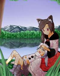  2girls animal_ears bad_id bad_pixiv_id ban_paku_(arazio) brown_hair highres imaizumi_kagerou lap_pillow long_hair lying mononobe_no_futo multiple_girls oerba_yun_fang open_mouth outdoors short_hair smile touhou white_hair wide_sleeves wolf_ears yuri 