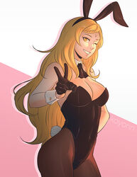  animal_ears artist_name ascot black_ascot black_gloves black_leotard blonde_hair braid braided_bangs breasts brown_pantyhose cleavage commentary cowboy_shot detached_collar drag-on_dragoon drag-on_dragoon_3 fake_animal_ears female five_(drag-on_dragoon) gloves grin koyorin large_breasts leotard long_hair looking_at_viewer pantyhose photoshop_(medium) playboy_bunny rabbit_ears rabbit_tail simple_background single_braid smile solo strapless strapless_leotard tail two-tone_background v white_background wrist_cuffs yellow_eyes 