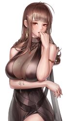  ahoge alternate_costume arm_under_breasts armlet bangs bare_arms blush breast_hold breasts brown_hair choker cleavage cowboy_shot dress dsr-50_(girls_frontline) earrings gem girls_frontline hand_to_own_mouth jewelry large_breasts long_hair looking_at_viewer monaim open_mouth pendant red_eyes ring see-through simple_background sleeveless sleeveless_dress solo standing wedding_band white_background 