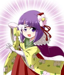  agatha_chris_q_outfit_(touhou) capelet commentary_request cowboy_shot elbow_gloves female floral_print flower forbidden_scrollery gloves hair_flower hair_ornament hieda_no_akyuu japanese_clothes kimono kousei_(public_planet) long_sleeves looking_at_viewer pose purple_eyes purple_hair short_hair solo touhou white_gloves wide_sleeves 