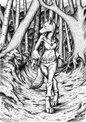  2015 anthro breasts canid canine canis female fur hi_res kekpafrany mammal monochrome plant small_breasts solo traditional_media_(artwork) tree wolf wood 