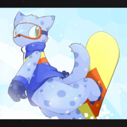  1:1 anthro aoino bemani blue_body blue_fur blue_nose blush clothing eyewear felid fur goggles hi_res jacket konami looking_back mammal ollie_(pop&#039;n_music) outside pantherine pop&#039;n_music snow snow_leopard snowboard snowboarding solo topwear 