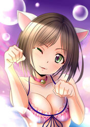  ;3 animal_ears bell blurry blush bra breasts brown_hair bubble cat_ears choker cleavage clenched_hands collarbone commentary_request depth_of_field eyebrows eyelashes fang_out female frilled_bra frills green_eyes head_tilt highres idolmaster idolmaster_cinderella_girls jingle_bell large_breasts looking_at_viewer maekawa_miku multicolored_background neck_bell oerba_yun_fang one_eye_closed parted_lips paw_pose ribbon shade short_hair solo striped_bra striped_clothes underwear underwear_only upper_body zakuro0508 