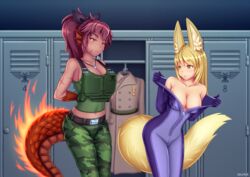  2girls absurdres animal_ears animal_hands armor arms_behind_back artist_name bare_shoulders belt blonde_hair bodysuit breasts camouflage camouflage_pants collarbone crossover dark-skinned_female dark_skin fiery_tail fins fire fox_ears fox_tail frown head_fins highres inari_(monster_girl_encyclopedia) jewelry leaning_forward lizard_tail locker locker_room long_hair medium_breasts monster_girl monster_girl_encyclopedia multiple_girls pants pendant ponytail salamander_(monster_girl_encyclopedia) scar scar_on_face tail undressing warhammer_40k wlper 