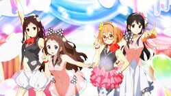  4girls artist_request expressionless glasses highres idol imageboard_desourced inami_sakura kuriyama_mirai kyoukai_no_kanata multiple_girls nase_mitsuki non-web_source official_art red-framed_eyewear shindou_ai smile source_request 