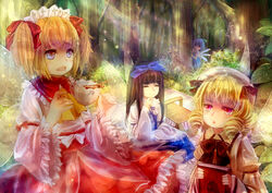  4girls :&lt; absurdres ascot black_hair blonde_hair blue_dress blue_eyes book bow chinese_commentary cirno closed_eyes commentary_request cup dress drill_hair fairy_wings forest guan_tang_baozi hairbow hiding highres ice ice_wings juliet_sleeves long_sleeves luna_child maid_headdress multiple_girls nature obi oerba_yun_fang open_mouth picnic_basket pink_eyes puffy_sleeves red_dress sash short_sleeves smile star_sapphire sunny_milk teacup touhou tree twintails white_dress wide_sleeves wings 