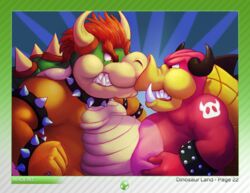  2016 4_fingers abstract_background absurd_res angry anthro belly_bump blue_background border bowser bowser&#039;s_inside_story bracelet collar domestic_pig duo english_text eye_contact fingers hair hand_on_belly hi_res horn jewelry koopa looking_at_another male mammal mario_and_luigi_(series) mario_bros midbus nintendo orange_body orange_scales overweight pink_body red_eyes red_hair scales scalie sharp_teeth simple_background spiked_bracelet spiked_collar spikes standing suid suina sus_(pig) teeth text the-b3ing 