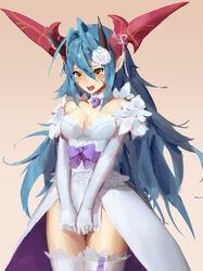  absurdres blue_hair blush breasts cleavage commentary_request covering_crotch covering_privates dragon_horns dress elbow_gloves embarrassed female gloves highres horns long_hair medium_breasts open_mouth orange_eyes orokanahime photoshop_(medium) puzzle_&amp;_dragons satsuki_(p&amp;d) solo standing thighhighs wedding_dress zettai_ryouiki 