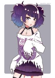  bad_id bad_pixiv_id black_choker choker cowboy_shot diagonal_bangs ear_piercing earrings female garter_straps horns idolmaster idolmaster_shiny_colors jewelry looking_at_viewer piercing pleated_skirt purple_eyes purple_hair short_twintails simple_background skirt sleeves_past_fingers sleeves_past_wrists solo tanaka_mamimi twintails yadokugaeru 