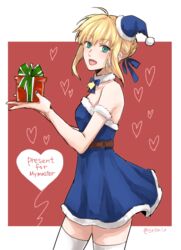  :d alternate_costume artoria_pendragon_(all) bad_id bad_pixiv_id banned_artist bare_shoulders bell bell_collar blonde_hair blue_dress blue_nails blue_ribbon blue_santa_costume blush box collar commentary_request cowboy_shot dress english fate/stay_night fate_(series) gift gift_box green_eyes hair_ribbon hat heart heart_background looking_at_viewer nail_polish open_mouth orii_(orii_i) ribbon saber santa_costume santa_hat short_hair sidelocks sleeveless smile solo thighhighs twitter_username white_legwear 