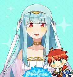  1boy bare_shoulders blue_eyes blue_hair cape commentary_request dress eliwood_(fire_emblem) eliwood_(valentine)_(fire_emblem) female fire_emblem fire_emblem:_the_blazing_blade fire_emblem_heroes hair_ornament long_hair looking_at_viewer ninian_(bridal)_(fire_emblem) ninian_(fire_emblem) protected_link red_eyes red_hair roirence smile 